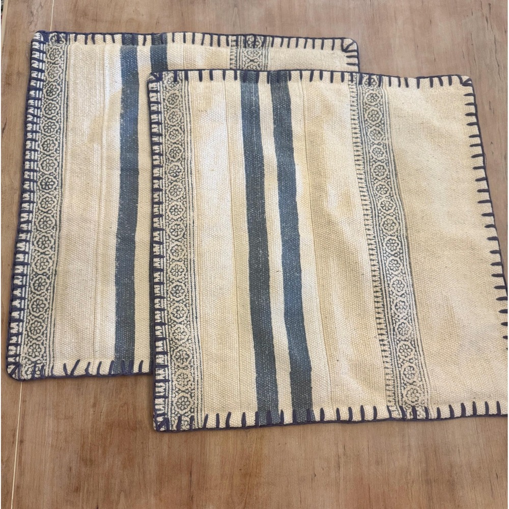 Surya Lola Pillow Cover Set Of 2 Blue Cream Cotton Striped Embroidered 20 x 20